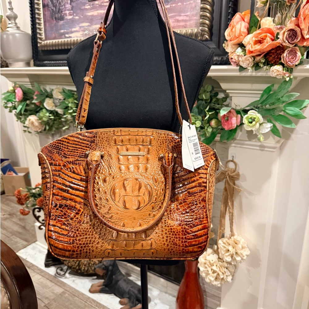 Brahmin Cognac Croc-Embossed Leather Tote with Adjustable Strap